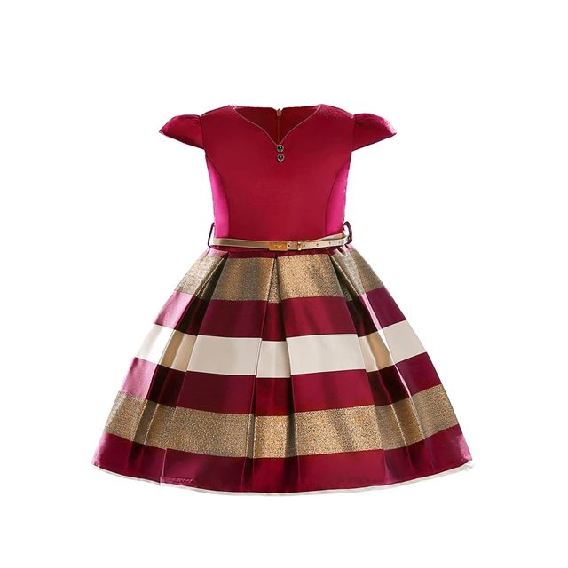 Yeedison/повседневное платье для девочек; летние детские платья в полоску для маленьких девочек; праздничный костюм принцессы; коллекция года; Детские бальные платья с v-образным вырезом - Цвет: Wine red
