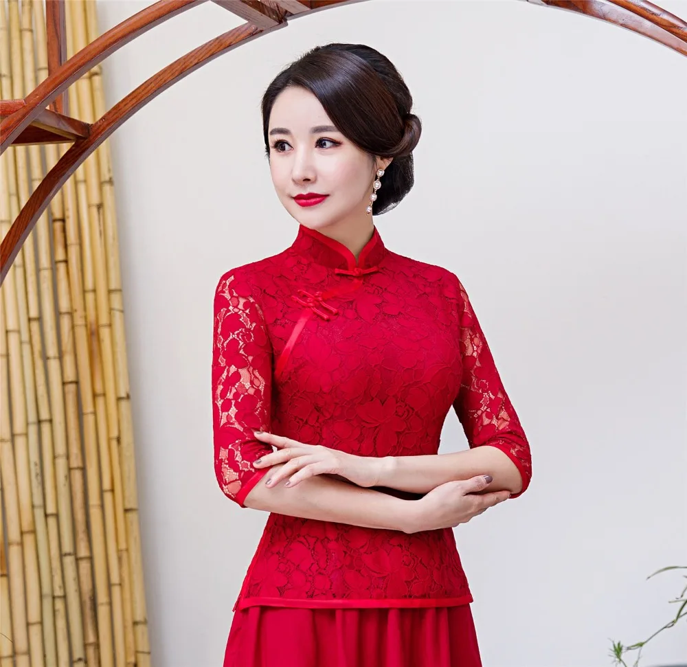 Шанхай история Кружева Cheongsam рубашка Qipao Топ 3/4 рукав китайский традиционный Топ Кружева китайская блузка для женщин