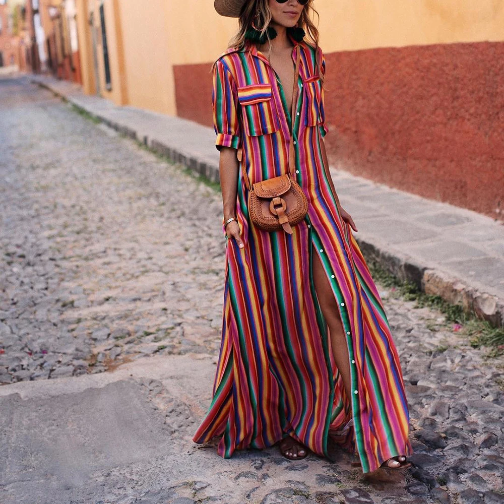 

2018Autumn Women Elegant Loose Long Sleeve A Full-Length Pocket Dress Bohemia Vertical Strip Print Button Shirtdress