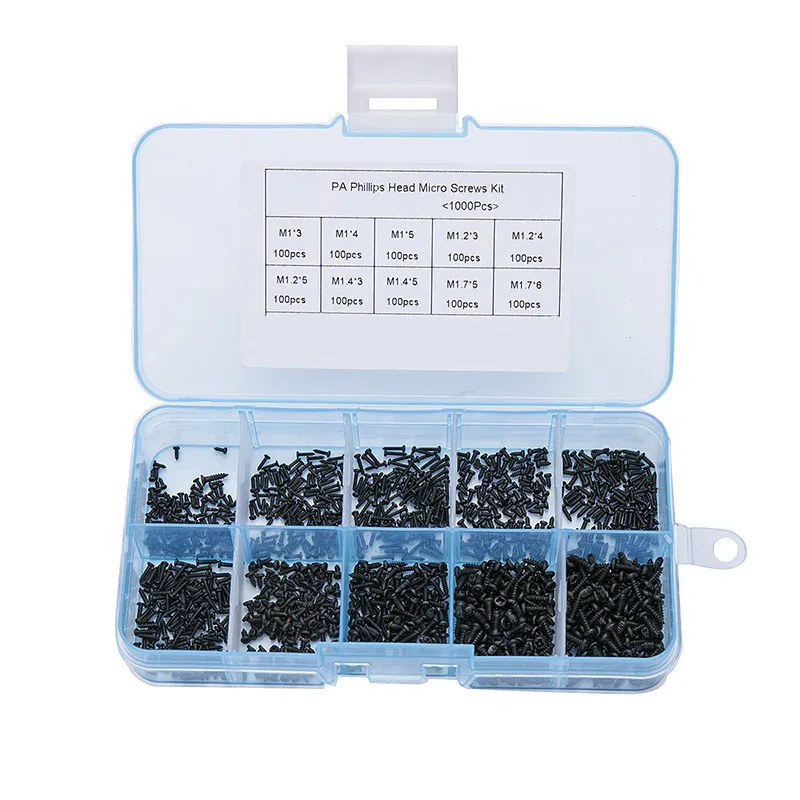 

1000Pcs/set M1 M1.2 M1.4 M1.7 Mix PA Phillips Head Micro Screws Round Head Self-tapping Electronic Small Wood Screws Kit
