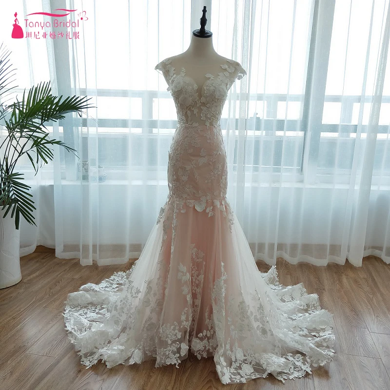 2018 Spring Mermaid Wedding Dresses Blush Pink Lace Bridal ...