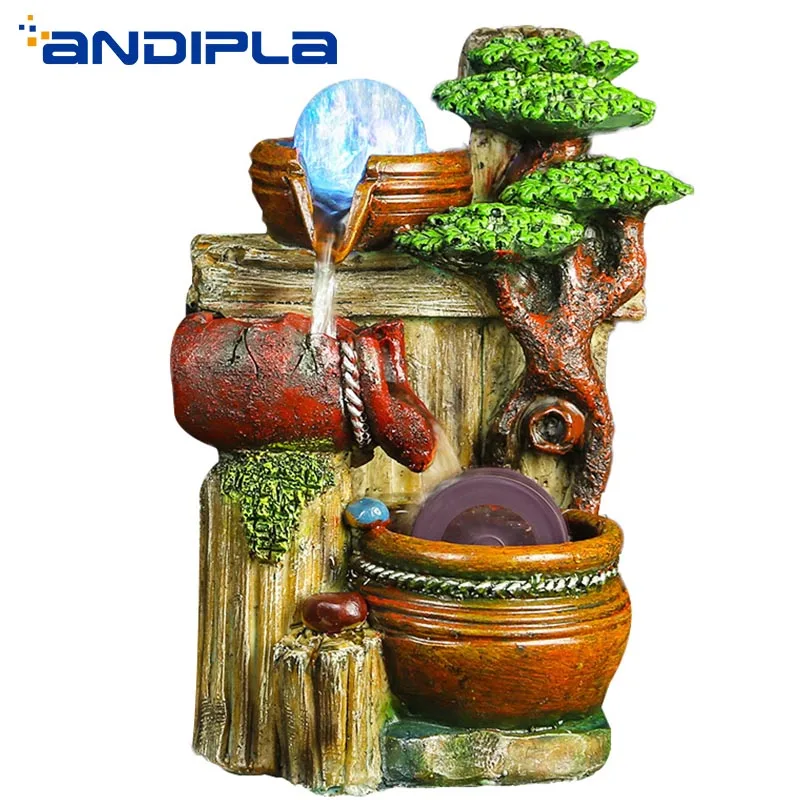

110V-220V Creative Flowing Water Fountain Resin Craft Lucky Feng Shui Wheel Desktop Ornament Business Gift Humidifier Home Decor