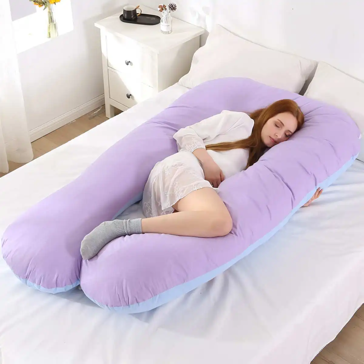 Подушка с наволочкой хлопок u-образные подушки для беременных постельные принадлежности для беременных - Цвет: purple blue