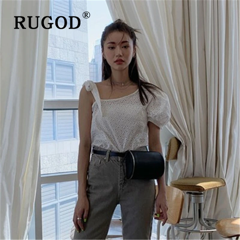 

RUGOD Sexy one shoulder hollow out women blouse Fashion puff sleeve lace up shirts female 2019 summer female clcothing modis