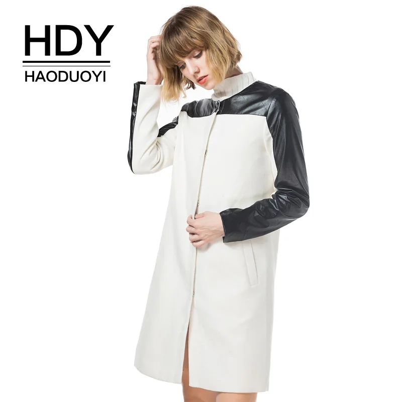 HDY Haoduoyi 2017 осеннее пальто Шерстяная Смесь искусственная кожа Лоскутная тонкая