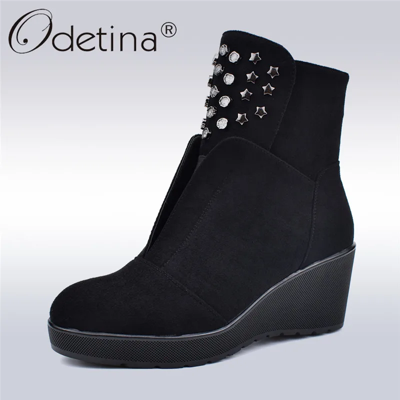 

Odetina Flock Leather Fashion Wedge Boots Women High Heels Zip Rivet Ankle Boots Female Casual Shoes Autumn Winter Big Size 41