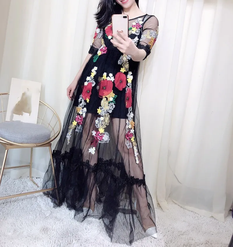 Мода, летнее элегантное платье с цветочной вышивкой, черное Сетчатое платье с аппликацией, тонкое женское винтажное Длинное Платье Макси