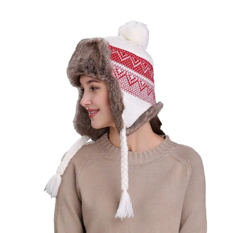 11 Styles Women Winter Thicken Lining Earflap Hat Knitted Contrast Color Snow Ski Beanie Cap Pompom Ball Long Tassels Ear Warmer - Цвет: White(wavy)