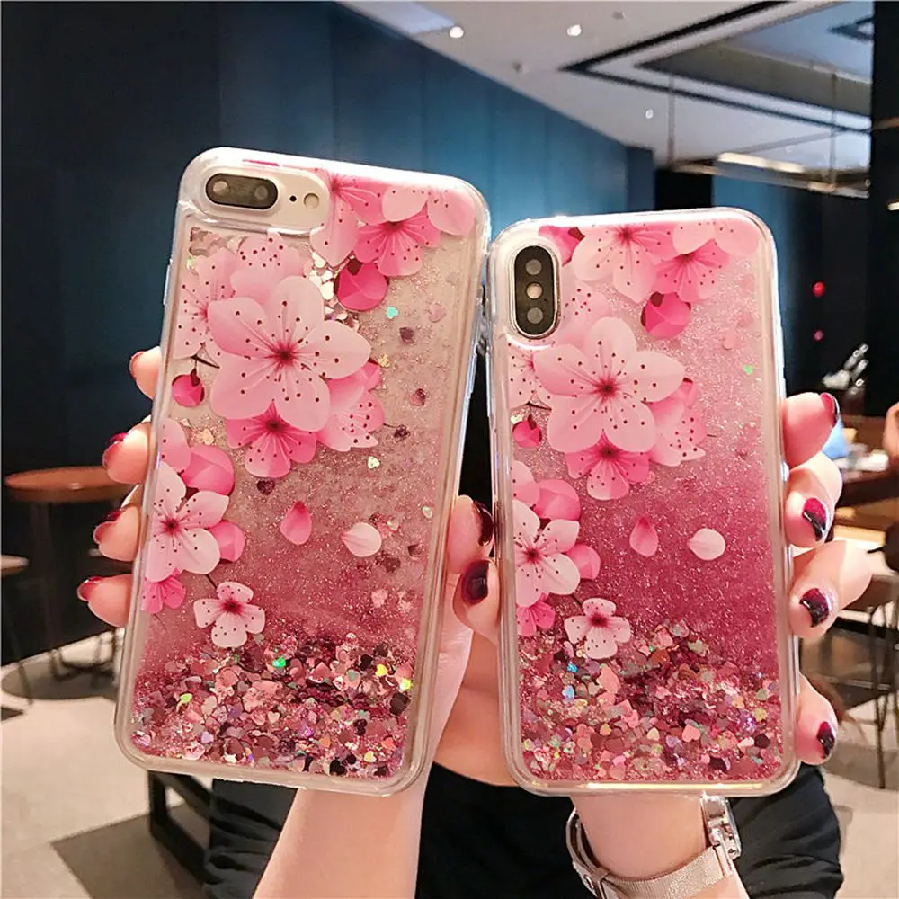 

Luxury Liquid Glitter Case For Samsung Galaxy J3 2017 J330 Case Pink Dynamic Flower Cover For Samsung J4 J6 Plus J5 J7 J530 J730