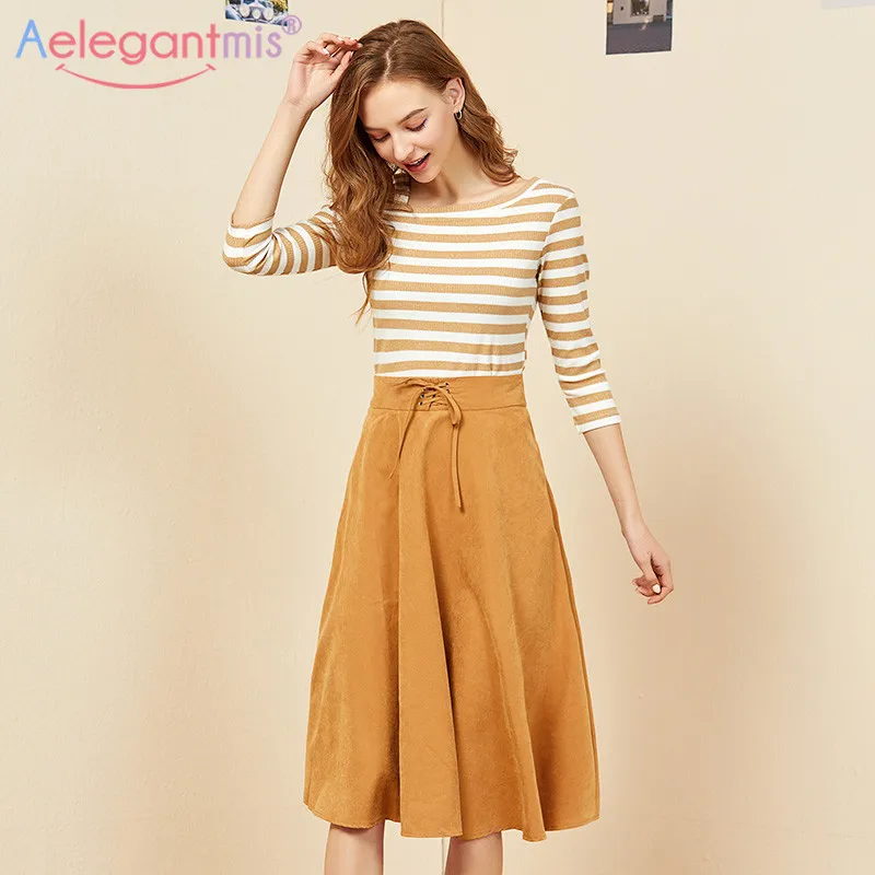 

Aelegantmis New Fashion Women's Sets Casual Slash Neck Striped Shirt Tops And Drawstring Knee-Length A-Line Skirt Female Summer