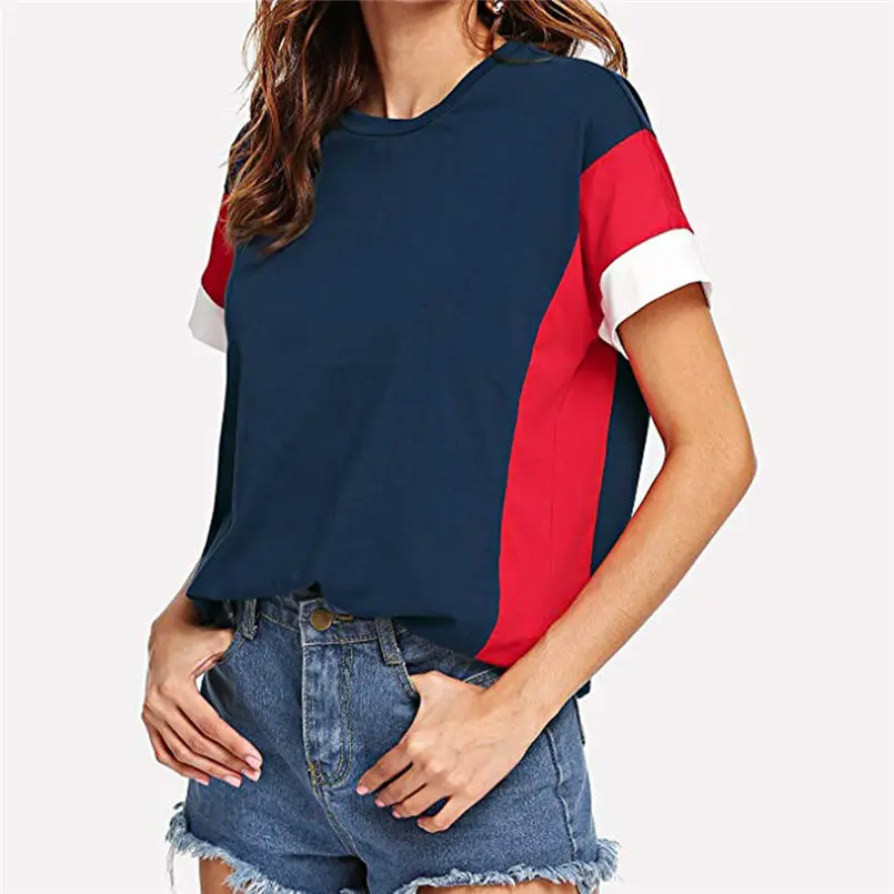 Summer Women Loose Color Block Blouse Short Sleeve Casual Tee Fashion Women Girls Clothes Camisetas Mujer 35DE25 (8)