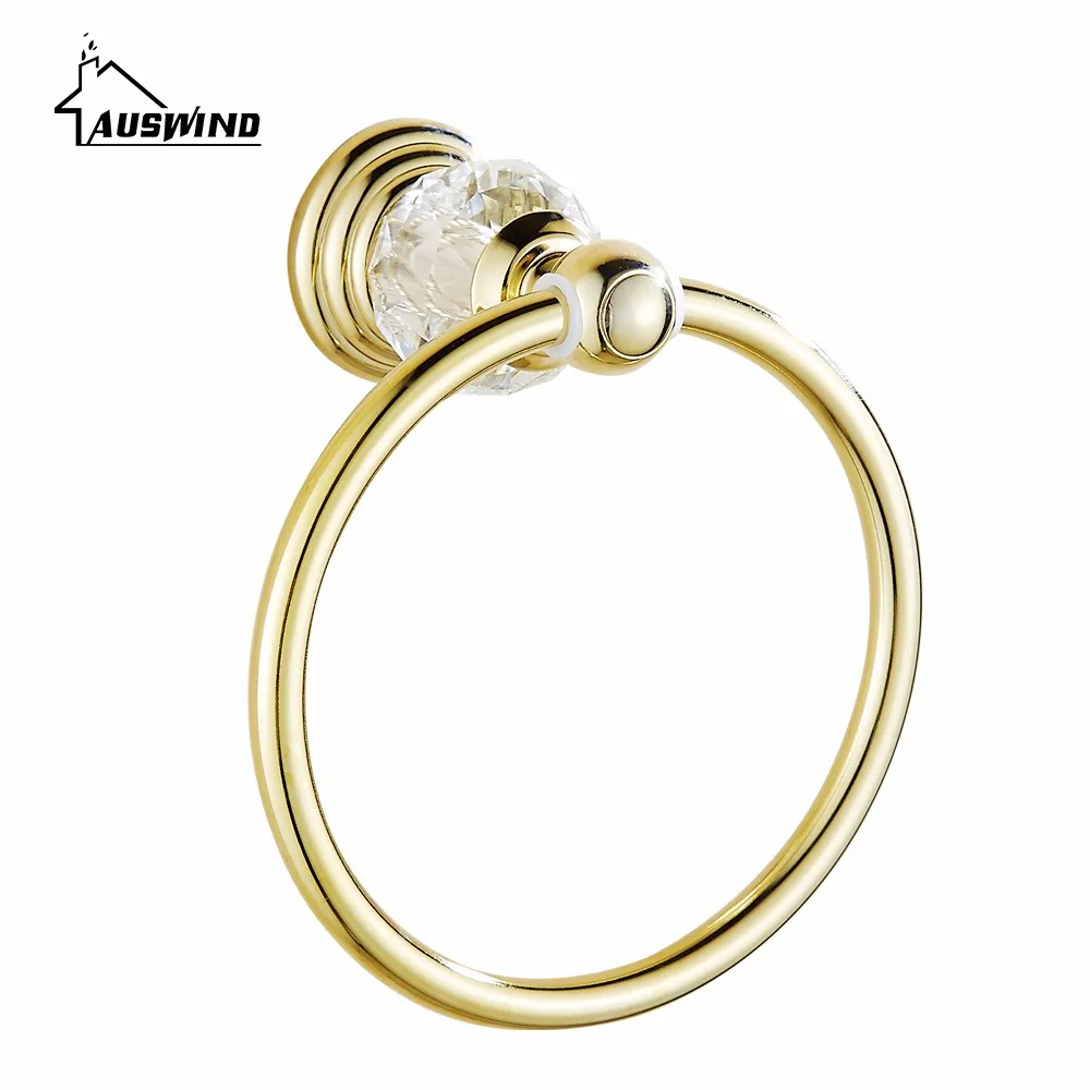 Gold Polished Brass Towel Ring Crystal & Diamond Towel Holder Wall