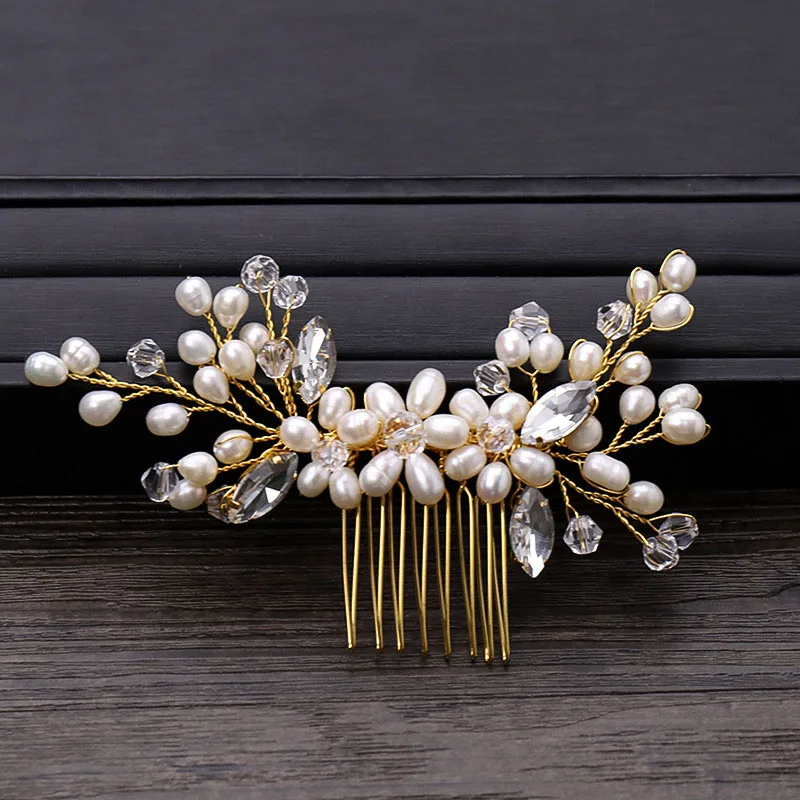 Golden Wire Handmade Hair Comb Simulated Pearls Crystal Combs for Hair