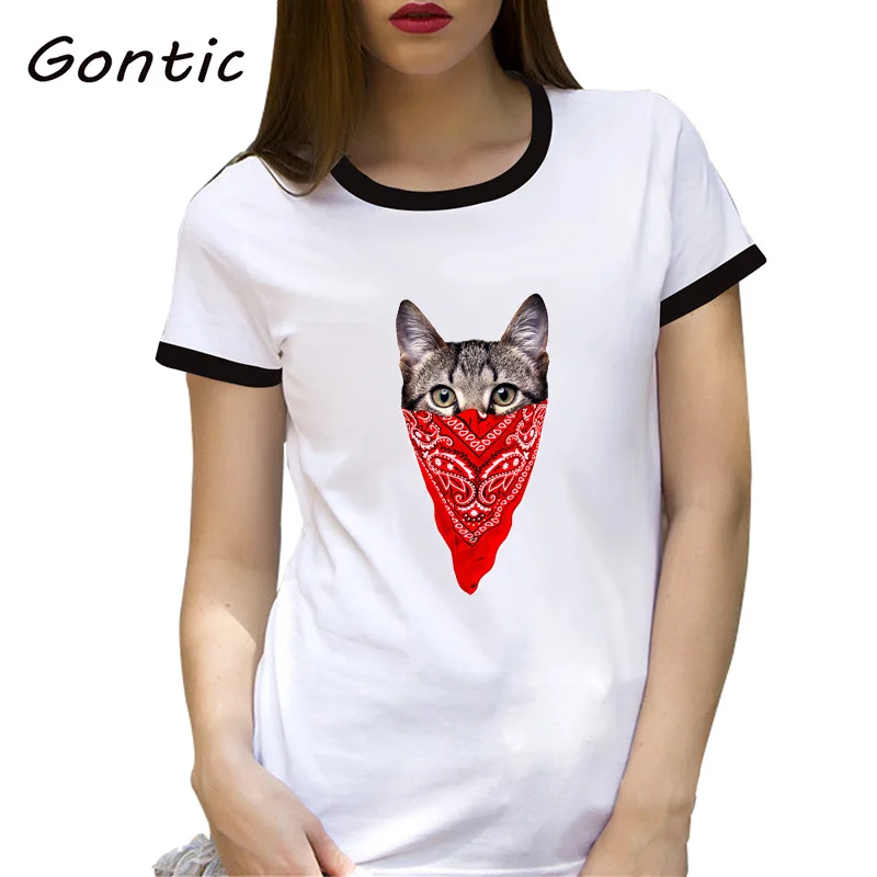

Gangster Cat funny short sleeve printed t-shirt 3d Design Customized women tops Cute Animal veil cat bff t shirt street wear