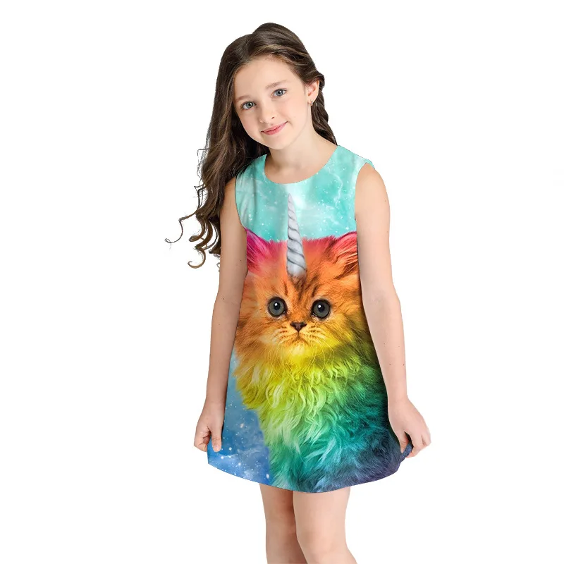 

2019 Baby Girl Dress Cute Cat Kitty Rainbow Print Summer Fashion Sleeveless Girl Clothes Children Vestidos Kids Dresses