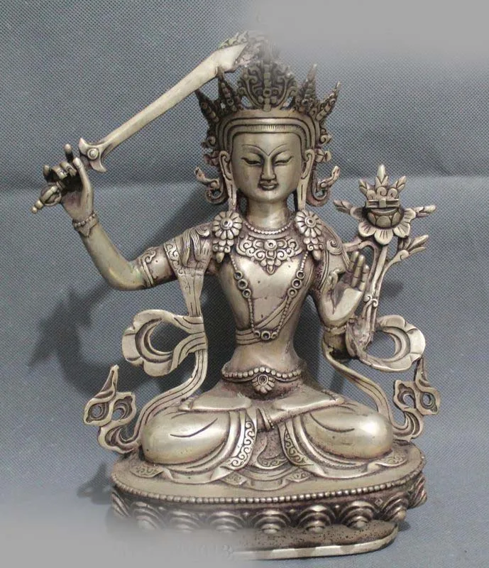 

11"China Chinese Tibet Silver Lucky Old Sit manjuist Kwan-Yin Buddha Statue