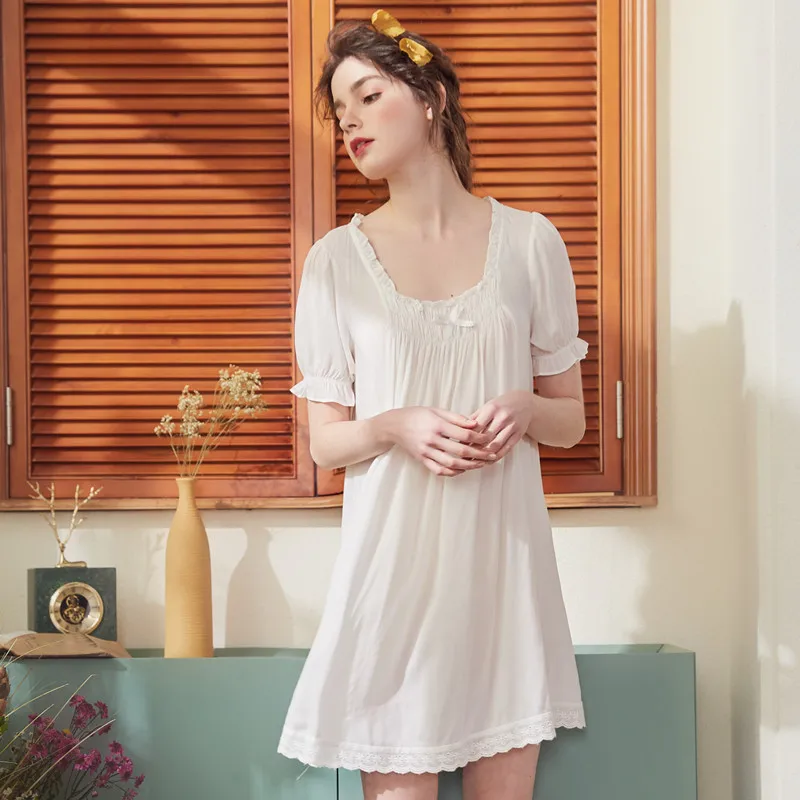 

summer Sweet lovely palace long sleeve women sleepwear cotton Short nightdress woman night sleep wear lace sleepshirts nightgown