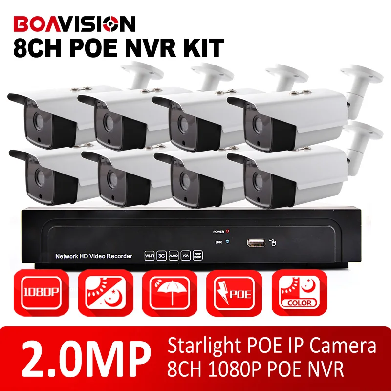  8CH System 1080P POE NVR Video Recording Kit 2.0MP Outdoor Waterproof Bullet Starlight Security IP Camera System,Day&Night Color 