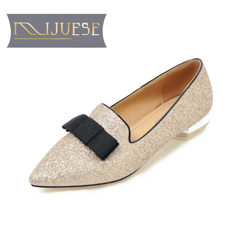 

MLJUESE 2018 women pumps autumn spring pointed toe Bling Bow tie gold color slip on high heels women size 34-43
