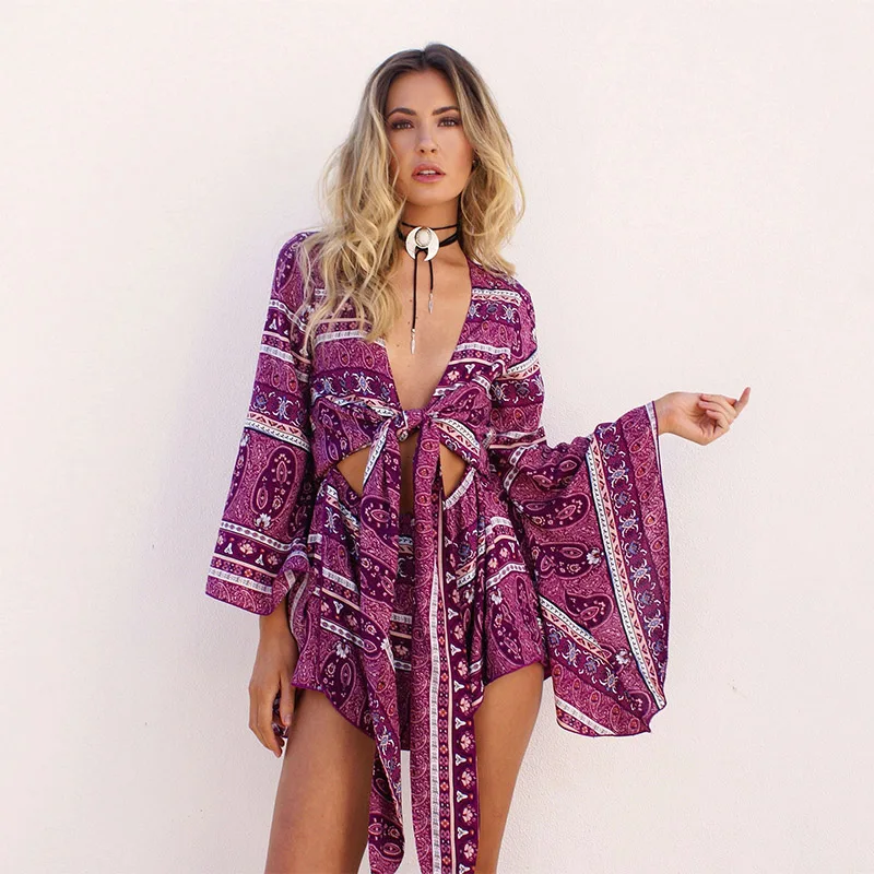 Элегантный Boho цветочным принтом Для женщин Playsuit Повседневное Chic V шеи Высокая талия Комбинезоны для женщин Комбинезоны для малышек Для