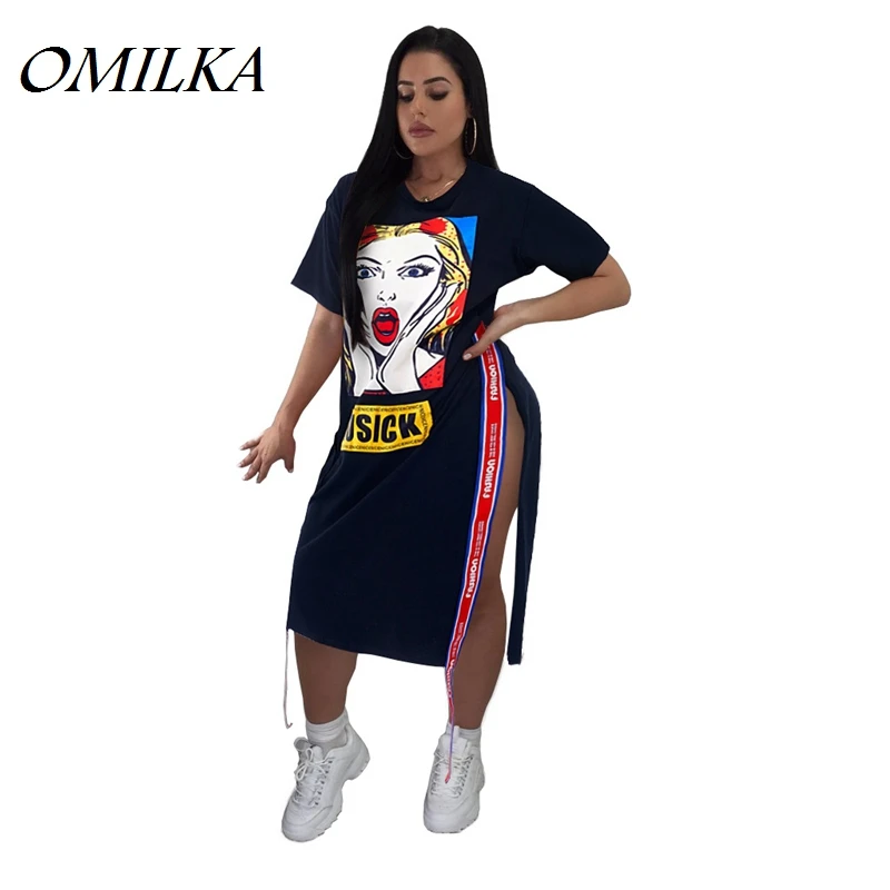 OMILKA летнее женское платье-футболка с коротким рукавом и круглым вырезом, с принтом мультяшных букв, с разрезом по бокам, повседневное черно-белое платье в стиле хип-хоп