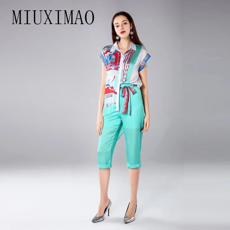 

MIUXIMAO 2019 Spring & Summer Newest Two Piece Suits Short Sleeve Turn-down Collar Letter Scenery Calf-Length Pants Suits Women