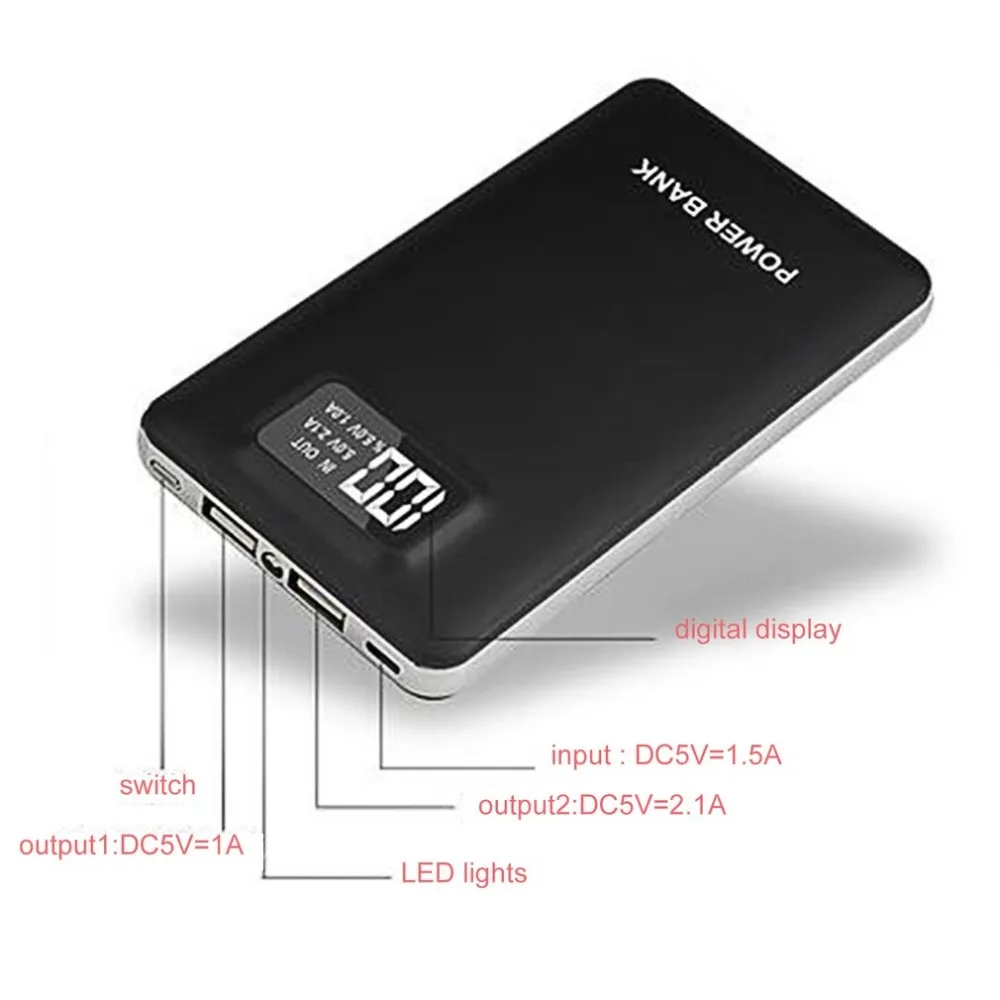 20000mAh Backup Battery Portable Phone Charger Intelligent Mobile LCD Digital Display LED Lights 2.1A/1A Dual USB Power Bank