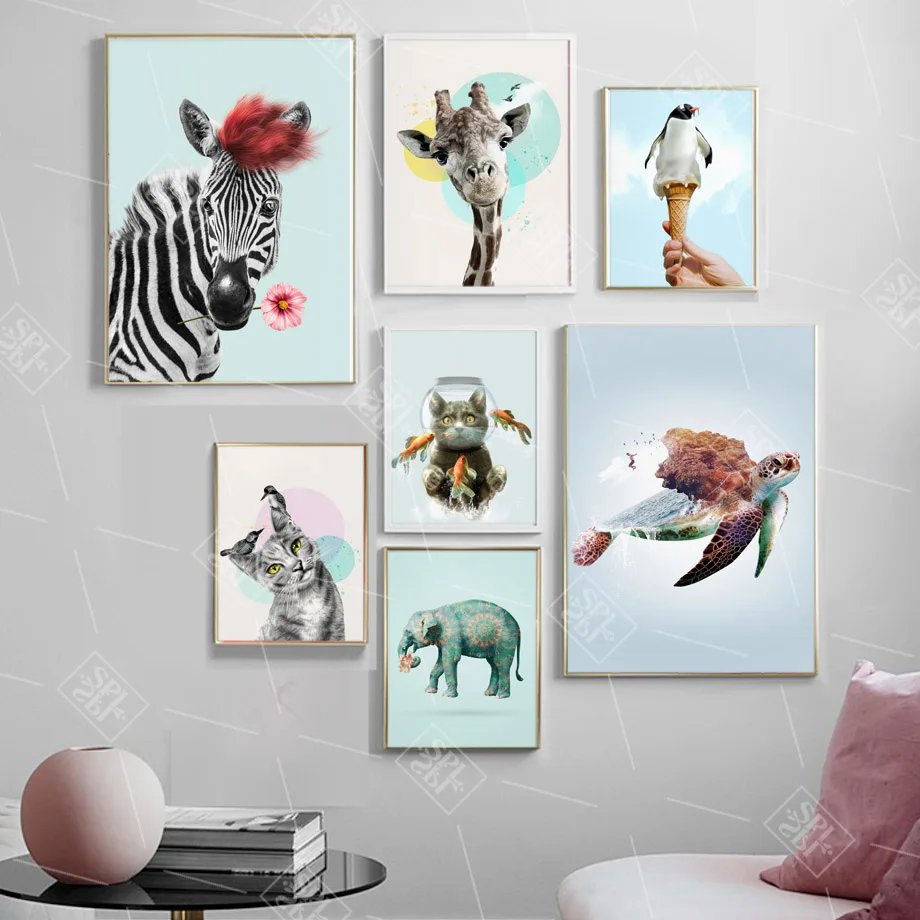 

Zebra Elephant Giraffe Penguin Sea Turtle Wall Art Canvas Painting Nordic Posters And Prints Wall Pictures For Living Room Decor
