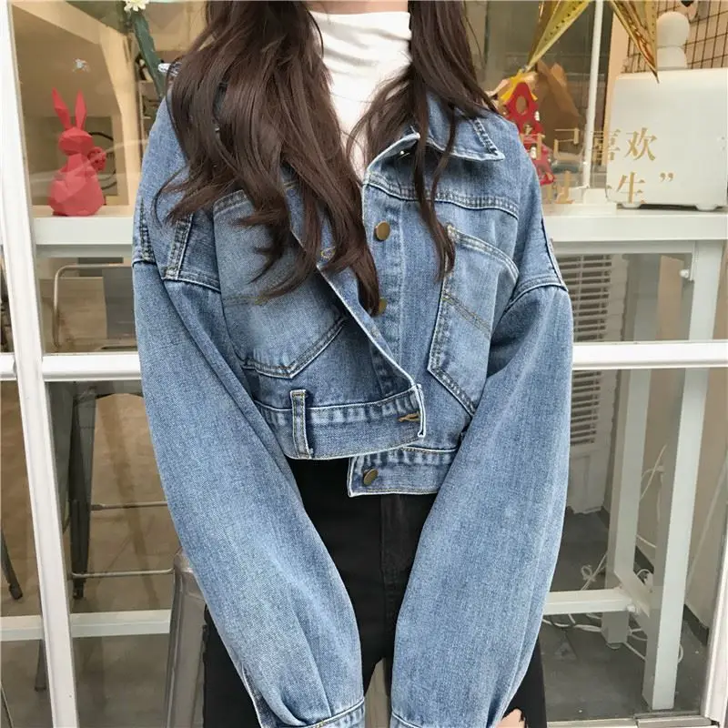 Women's denim jacket Women's large size retro denim jacket Long sleeve loose casual denim jacket