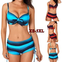 Large Size Women Push Up Bikini Set Print Two Pieces Swimwear Tankini Striped Plus Size Swimsuit Bow Tied Bathing Suit 5XL large size swimwear two pieces sexy women print bikini set push up swimwear plus size mid waist beach wear swimsuit