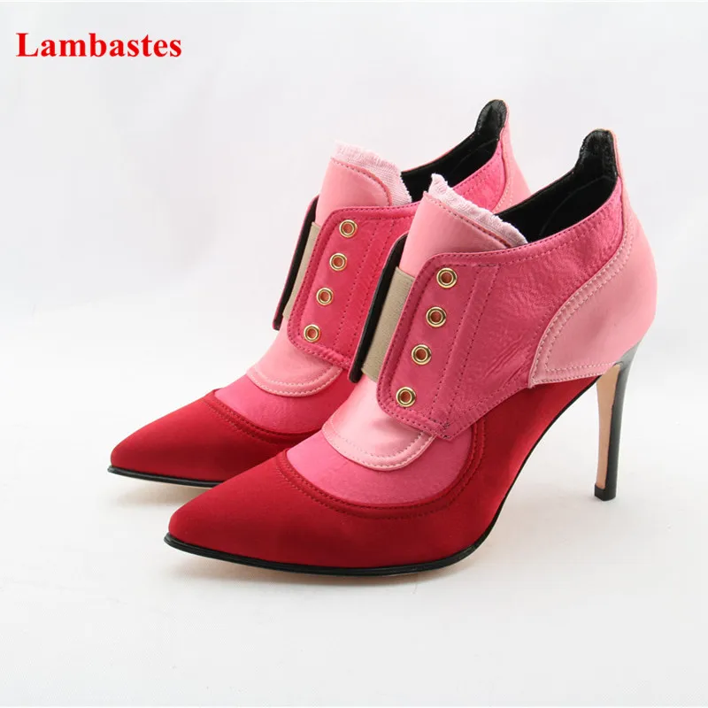 

Pink Silk Mixed Color Pointed Toe Slip On Women Pumps Shallow Metal Decoration Tessel Chaussures Femmes Thin Heel Casual Shoes