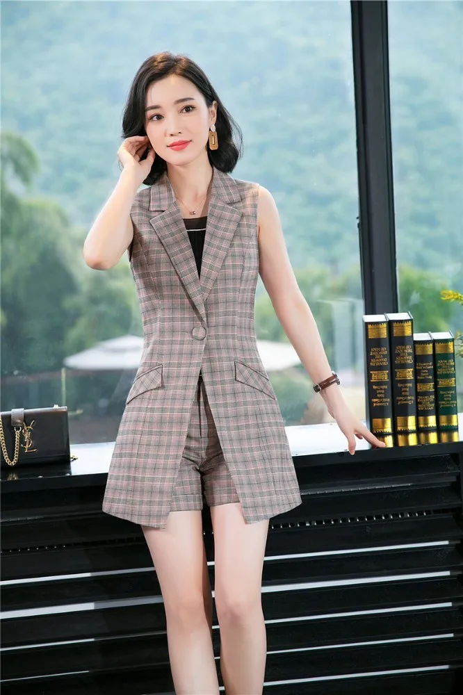 Dames Professional Business Suits 2 Stuk Sets Met Shorts en Vest Office Dames 2019 Lente Zomer Blazers Mode Plaid Dames Professional Business Suits 2 Stuk Sets Met Shorts en Vest Office Dames 2019 Lente Zomer Blazers Mode Plaid