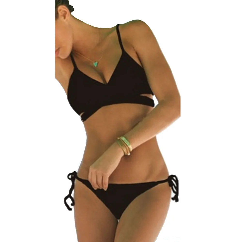 

Black Cross Criss Wrap Bikini Bathing Suits Padder Push Up Swimsuit Top With Self Tie Side Bikini Plus Size Swimwear XXL