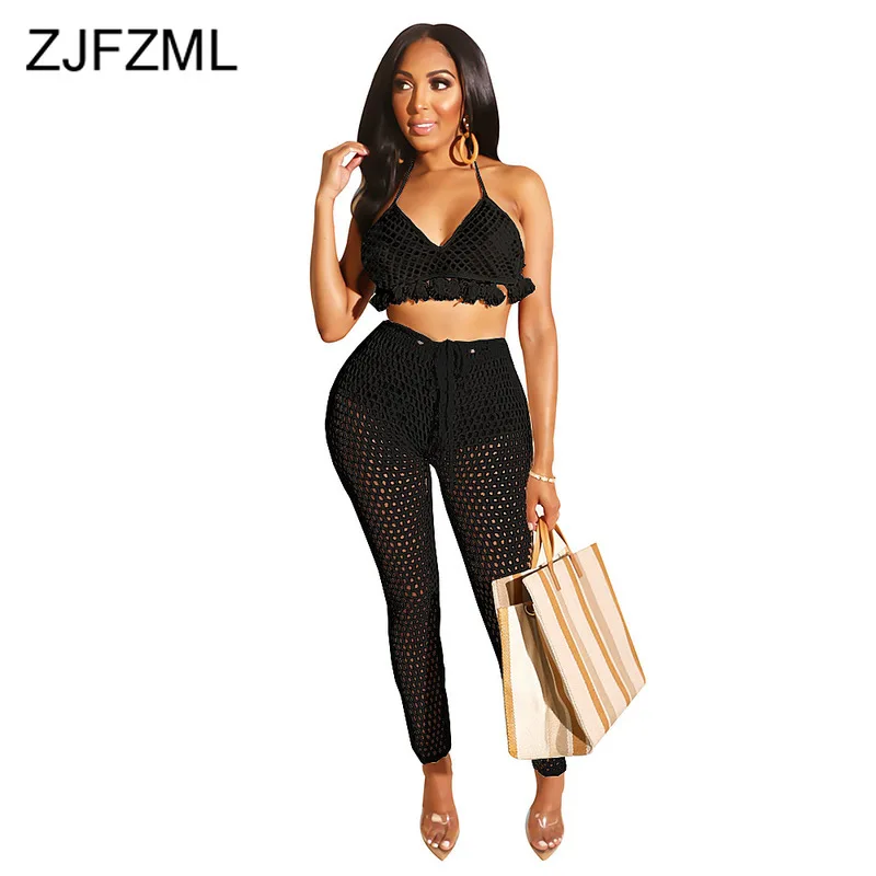 

Neon Yellow Fishnet Hollow Two Piece Set Halter Backless Tassels Crop Top+Pencil Pants Summer See Through Beach Outfit Tracksuit