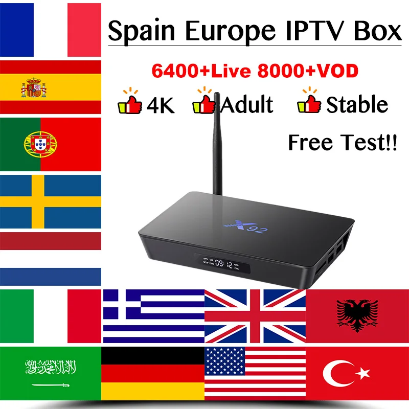 X92 IPTV испанский android tv box с лучшими европейскими французскими испанско-португальский Швецией голландская Италия Великобритания Германия взрослый ip tv 4k подписка