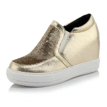 

Gold +Sliver Height Increasing Wedges Pumps Fashion Sequined Cloth Slip-on Women Wedge High Heel Shoes For Women Size 26-62