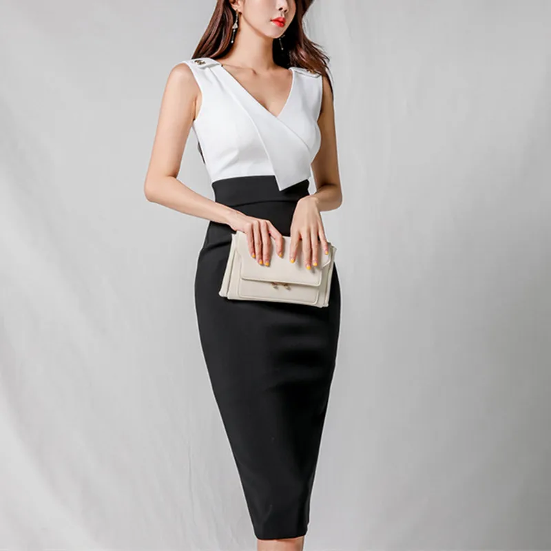 

2019 New Women Vintage White Black Patchwork Sleeveless V-neck Bodycon Formal Office Lady Work Sheath Dress Party Club Summer
