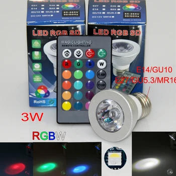 オンライン 100 個 3 ワットrgb Rgbw Ledスポットライト電球E27 E14 GU10 GU5.3 MR16 85-265vマルチ色ktvバー家の装飾 + リモコン
