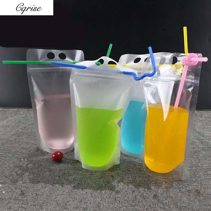 50pcs 500ML Drink Bags With Straws Frosted Surface Clear Plastic zip lock packing bags stand up