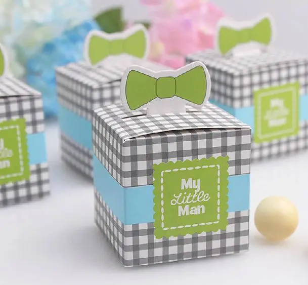 50 Pcs Bowknot My Little Man Wedding Favors Candy Boxes Baby Boy