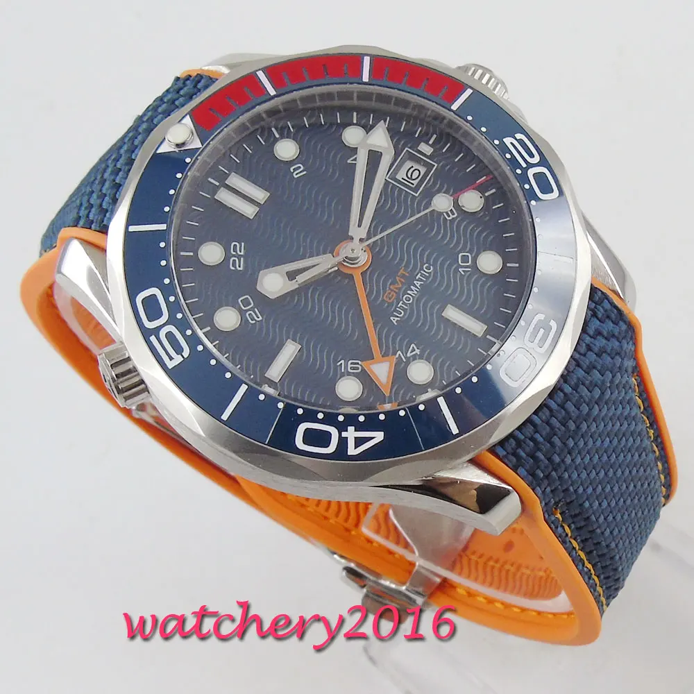 

Men Watch 2019 Bliger Men's Automatic Wristwatches GMT Clock Top Brand Luxury Reloj shallow waves Blue Wrist Watches Calendar