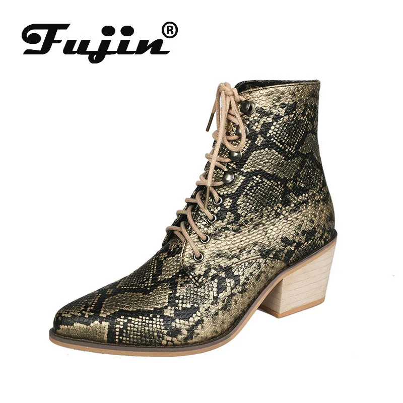 

Fujin Fashion Breathable Women Boots Dropshipping High Heel Thick Pointed Lace Large Size Women Boots Autumn Winter Snake Print