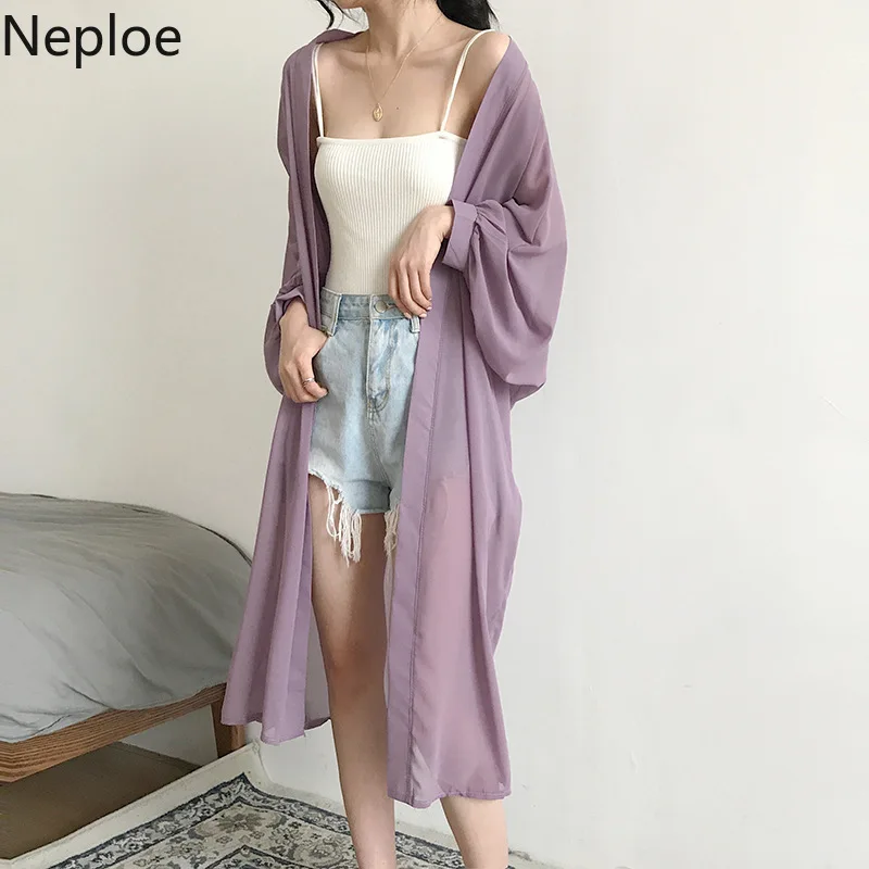 

Neploe Chiffon Long Sleeve Cardigan Jacket Korean Causal Sunscreen Shirt 2019 Summer Beach Style Medium-long Outwear 53151