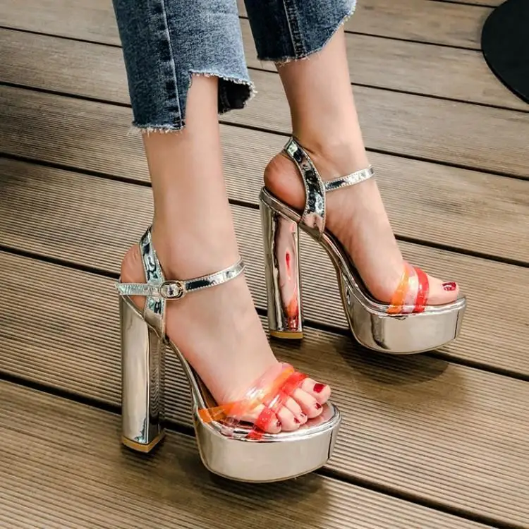 

Womens Bling PVC Clear Transparent Match Colors Leather Dress Sandals Shoes Platform Silver Super High Block Heels 15CM A326