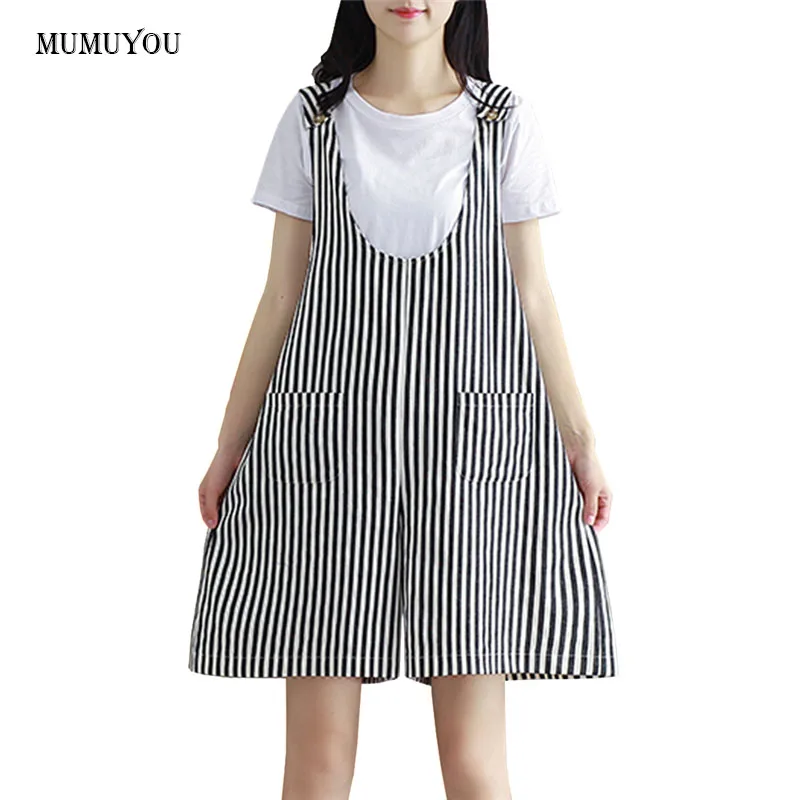 Women Loose Cotton Linen Playsuits Striped Overalls Shorts