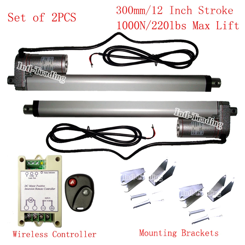 

2X Heavy Duty 14mm/s DC 12V 300mm 12" Stroke 1000N 220lbs Max Load Linear Actuators W/ Wireless Control Kits for Car Boat Door