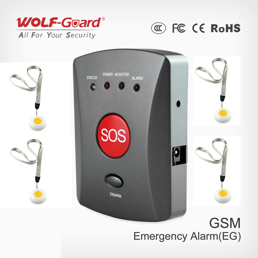 

Wolf-Guard Wireless GSM SMS SOS Button Panel One Key Alarming Elder Children Emergency with Wristband for Home Security System