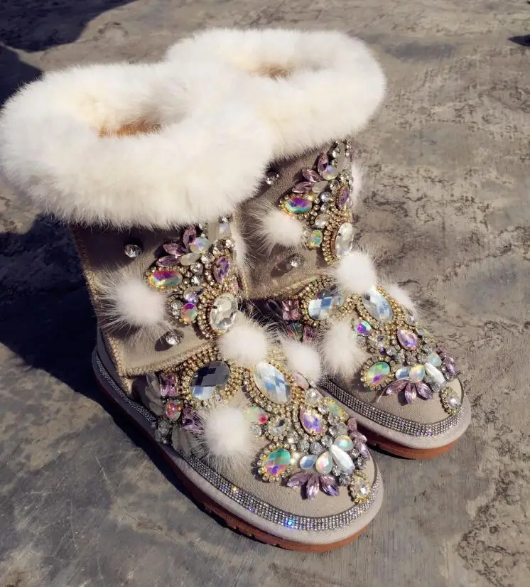 

2019 comemore luxury handmade custom rabbit fur gem leather snow boots European station Thai street fashion shoes