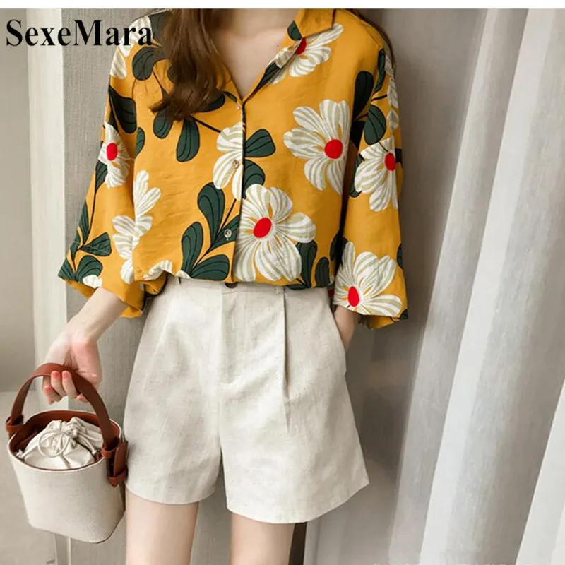 

V-Neck Thin Section Yellow Printed Chiffon Shirt Jacket Female FIve-Point Sleeve Aunscreen Shirt Blusas Mujer De Moda 2019