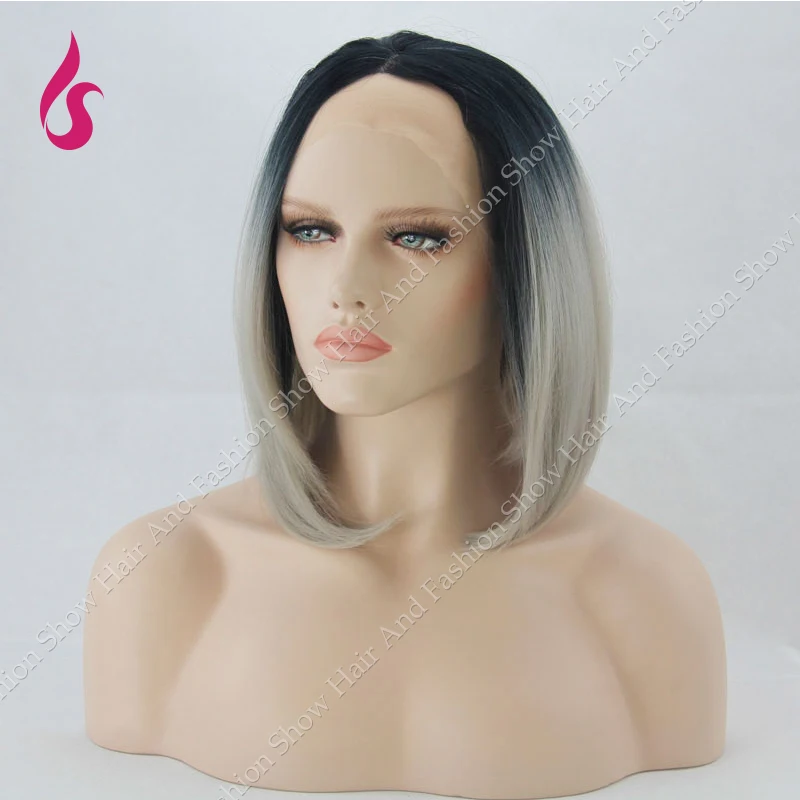 Ombre Wig Natural Black Silver Grey Short Bob Grey Synthetic Lace Front Wig Glueless Heat Resistant